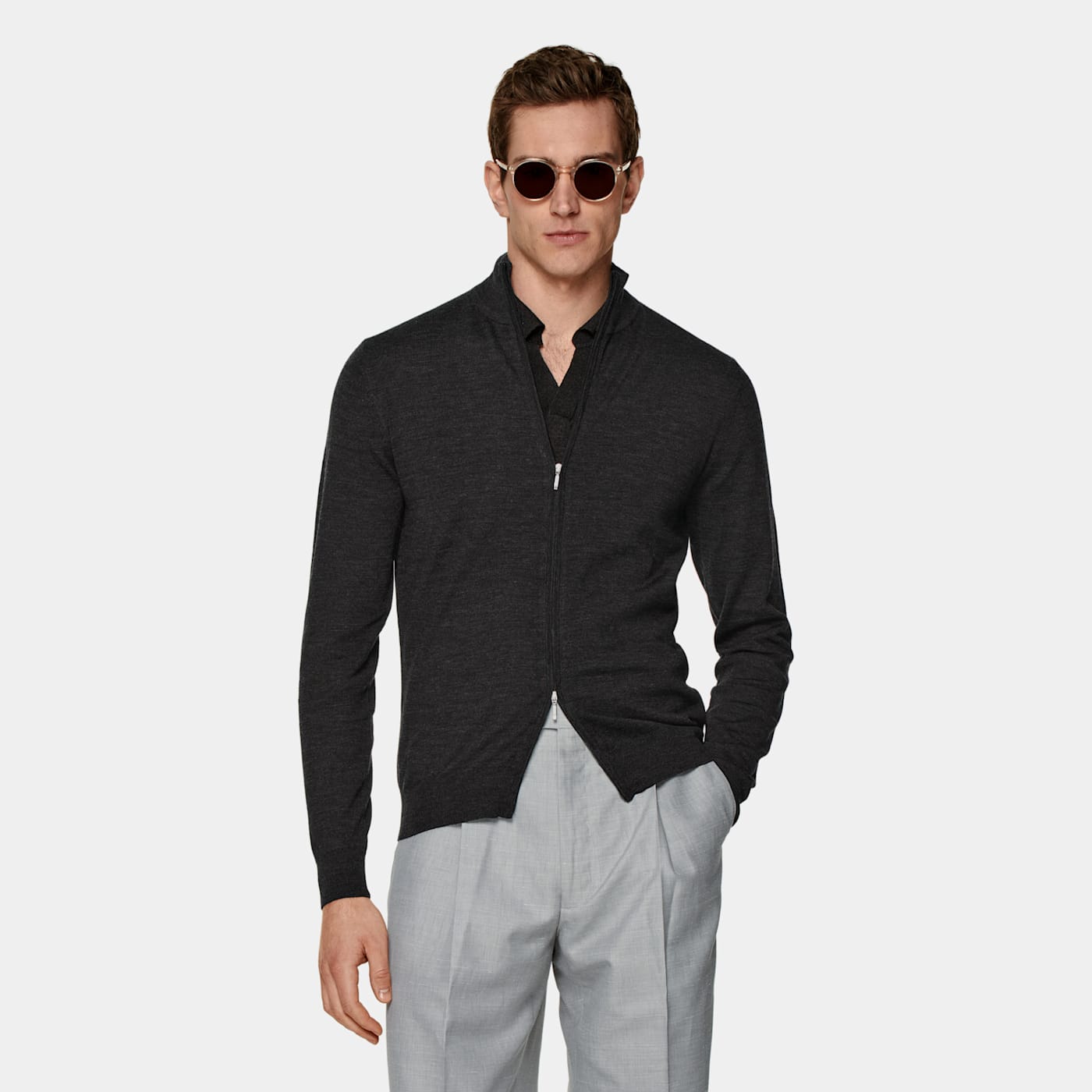 Suitsupply Dark Grey Merino Zip Cardigan In Black