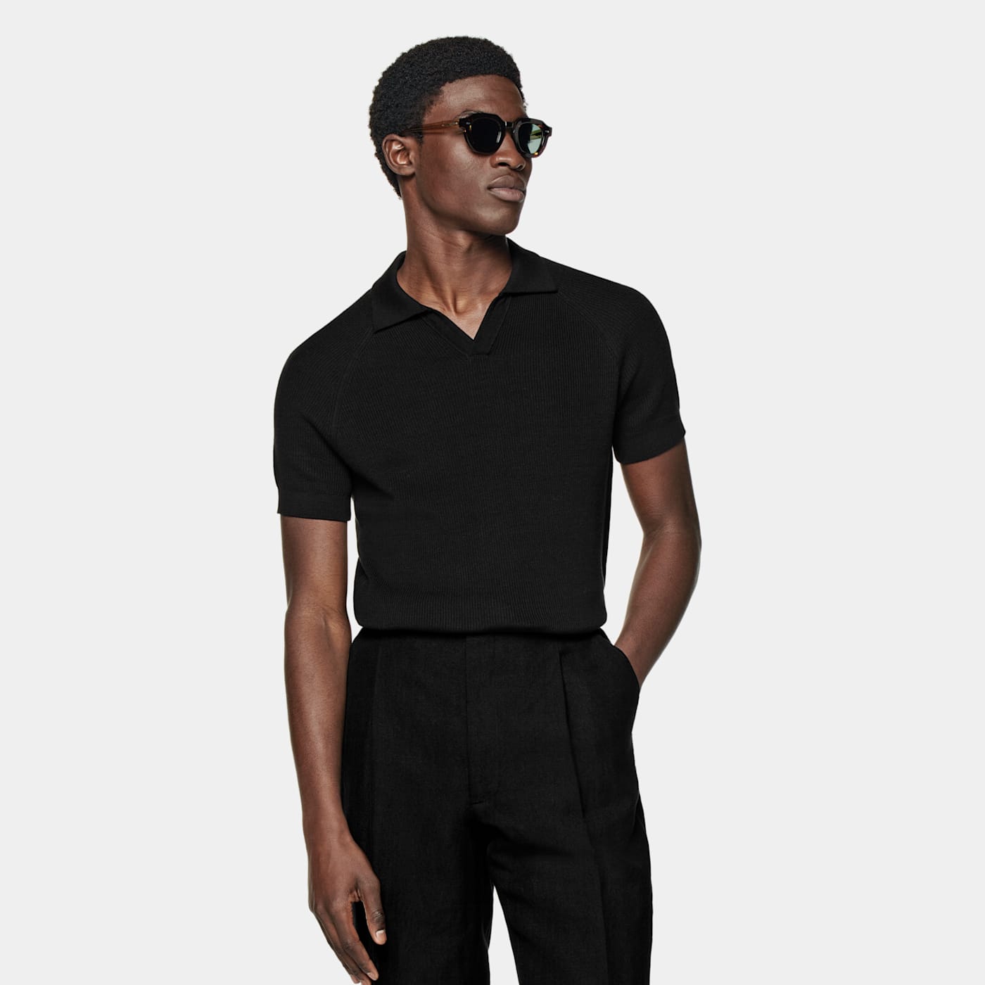 Suitsupply Black Ribbed Buttonless Polo