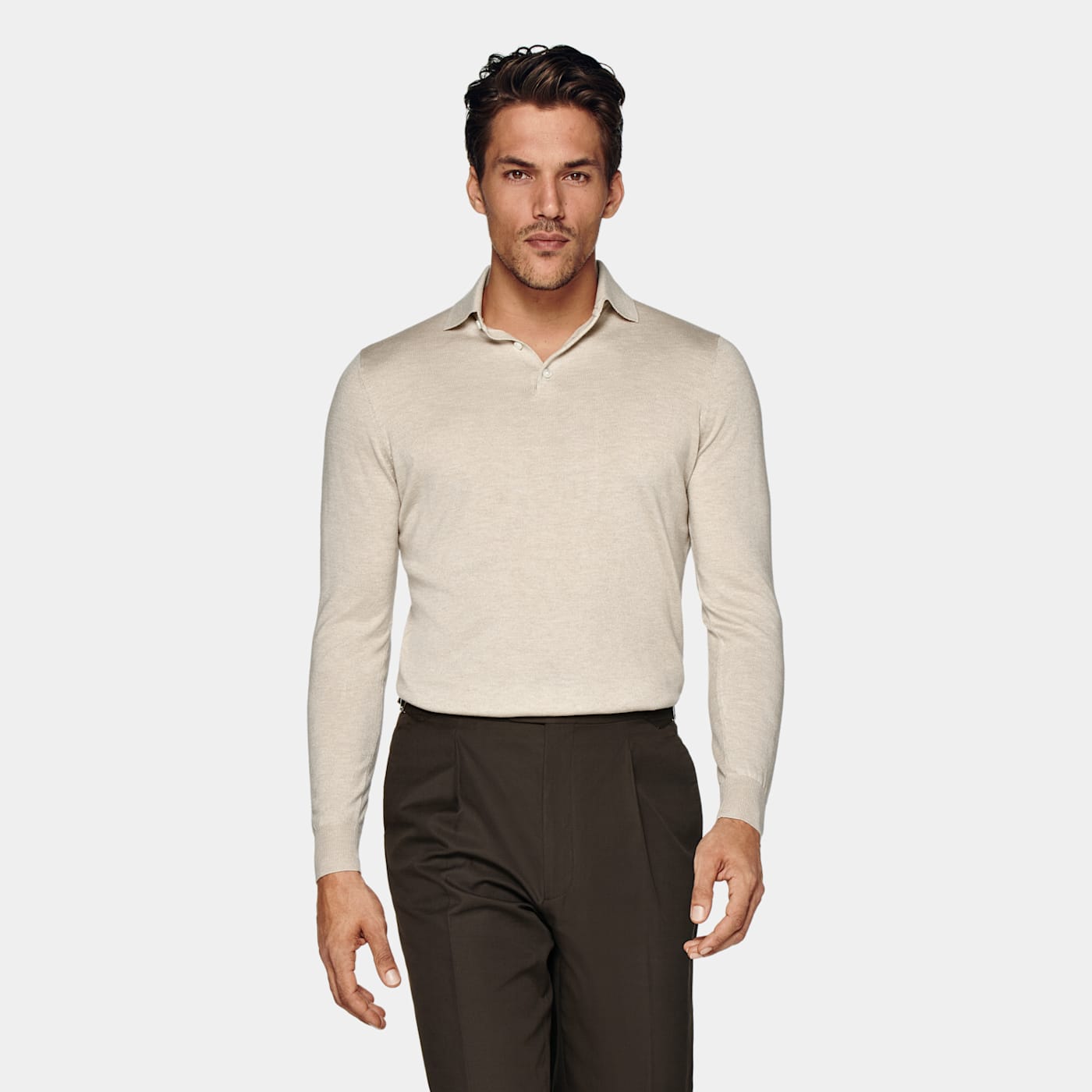 Suitsupply Sand Long Sleeve Polo Shirt In Neutral