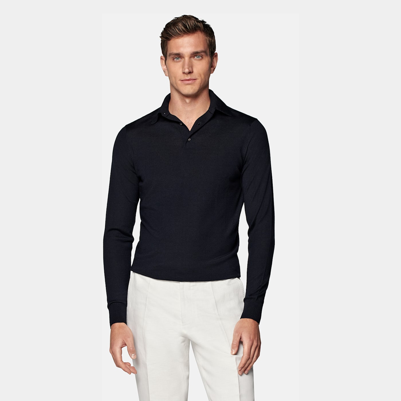 Suitsupply Navy Long Sleeve Polo Shirt In Black