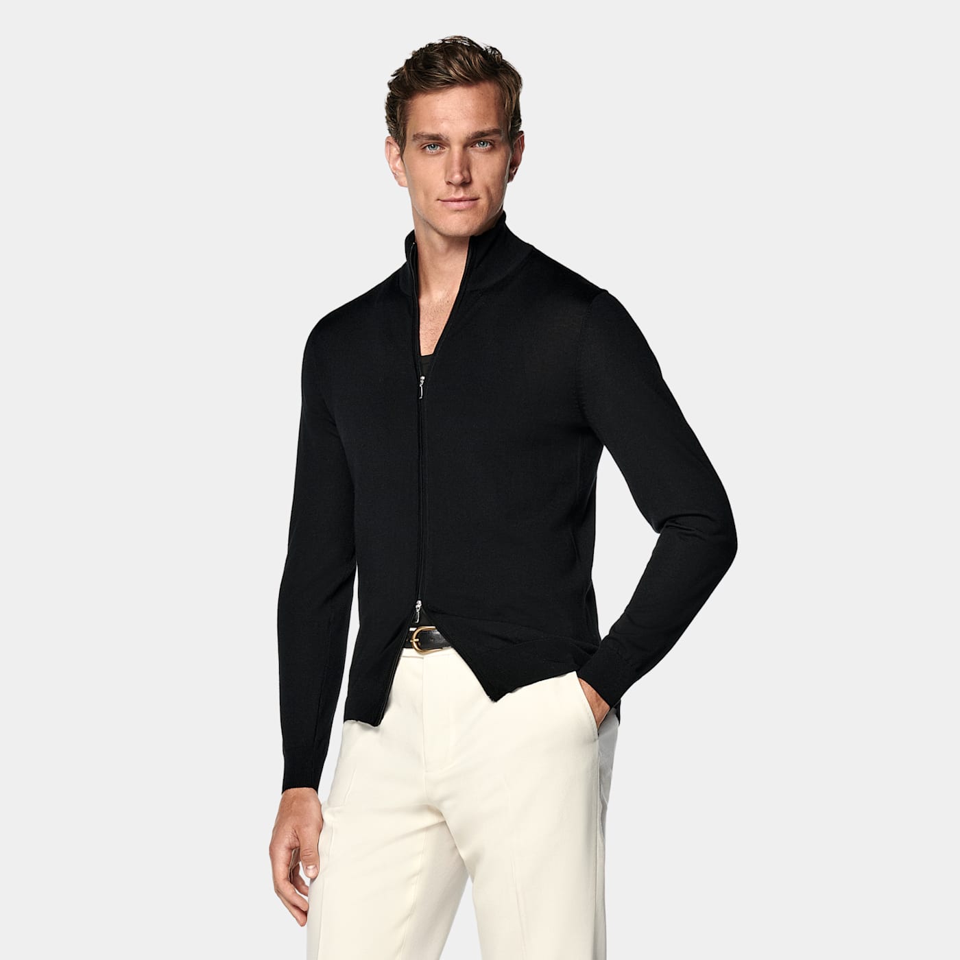 Suitsupply Black Merino Zip Cardigan