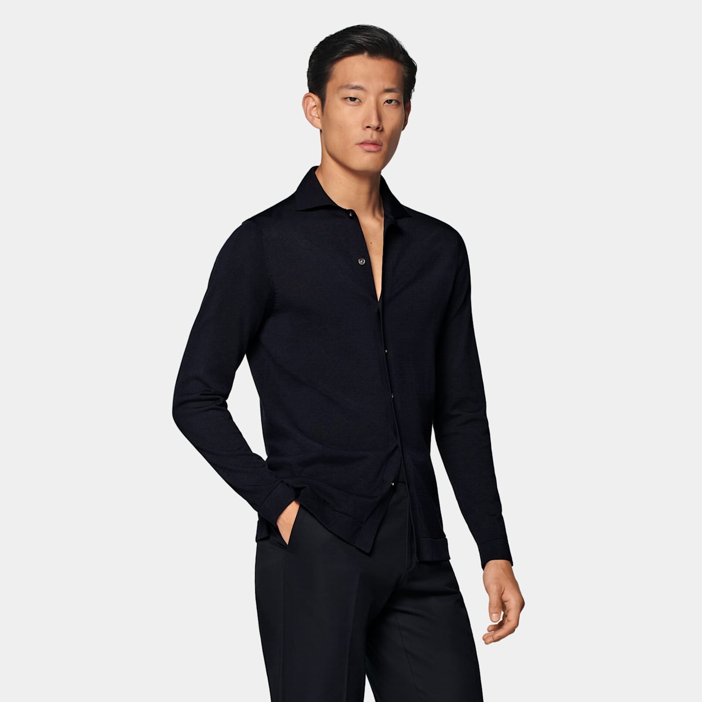 Suitsupply Navy Long Sleeve Polo Cardigan In Black