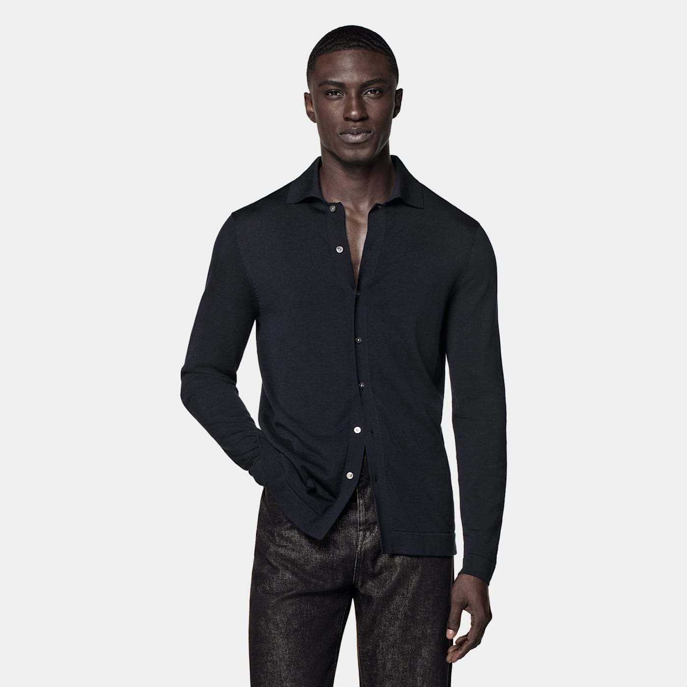 Suitsupply Navy Long Sleeve Polo Cardigan In Black