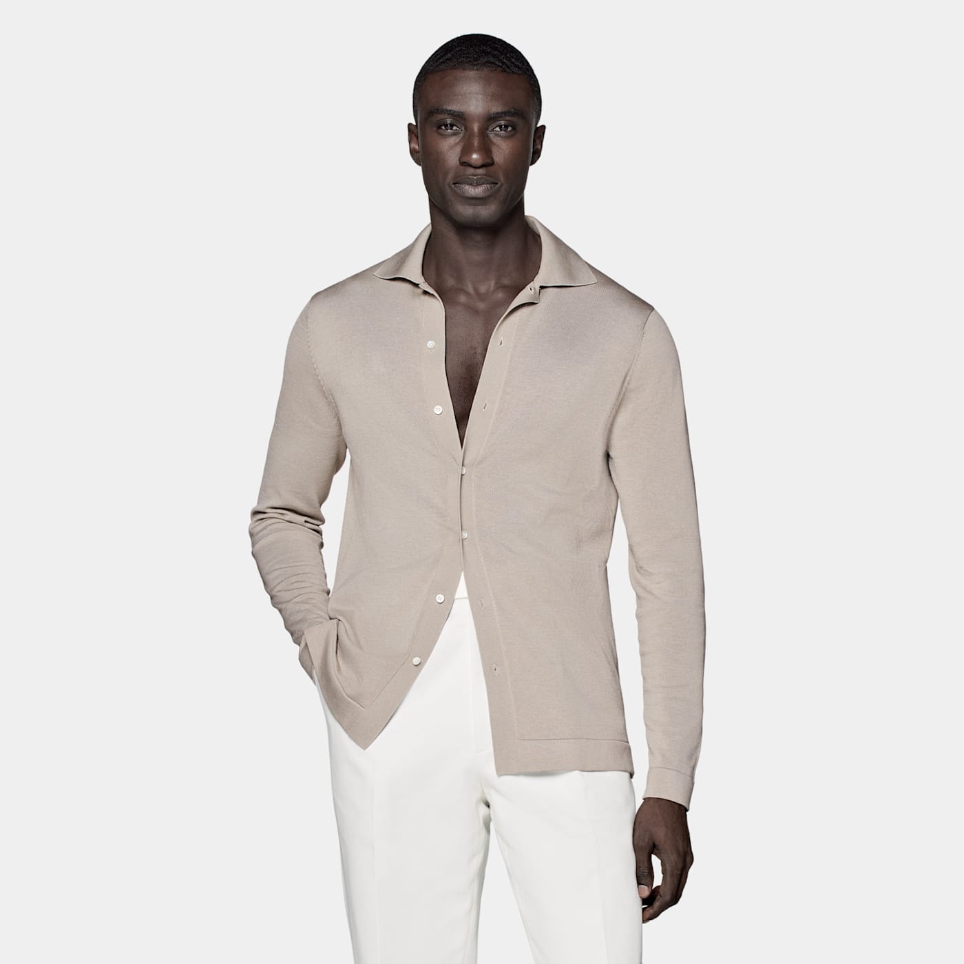 Shop Suitsupply Light Taupe Long Sleeve Polo Cardigan