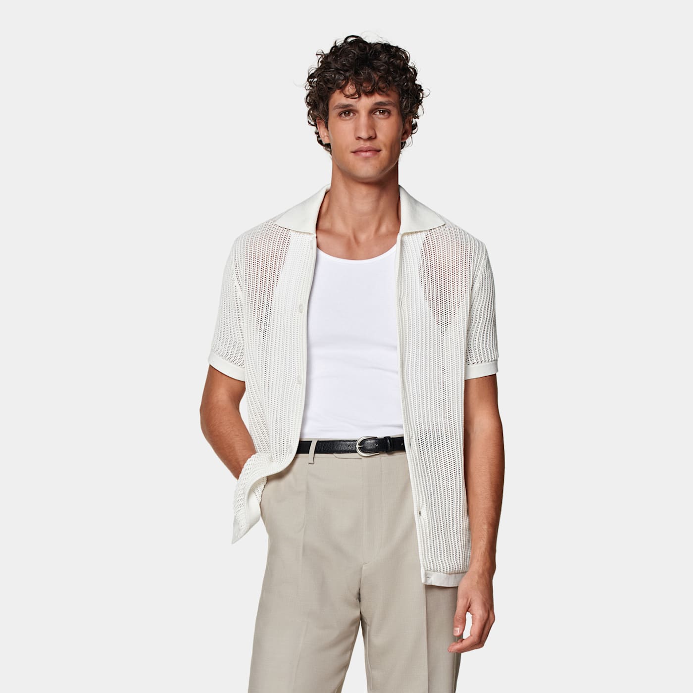 Shop Suitsupply Off-white Crochet Polo Cardigan