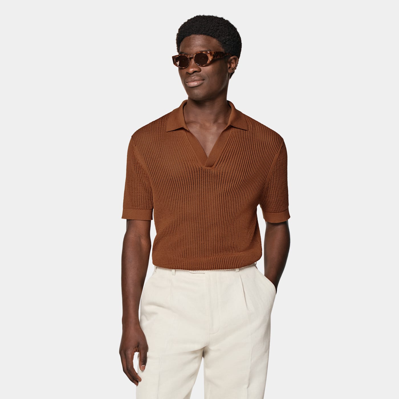 Suitsupply Dark Orange Crochet Buttonless Polo Shirt In Brown