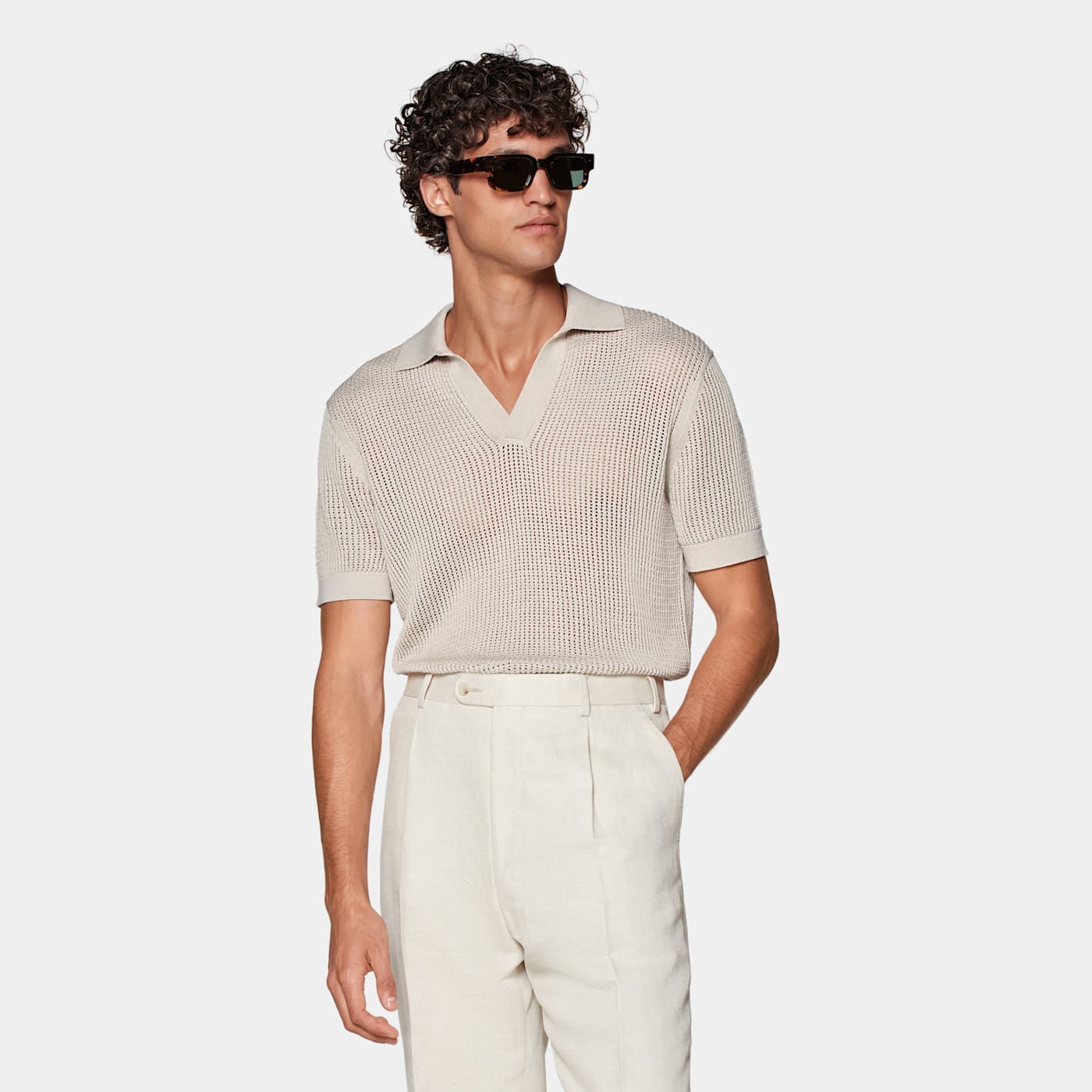 Suitsupply Sand Crochet Buttonless Polo In Neutral
