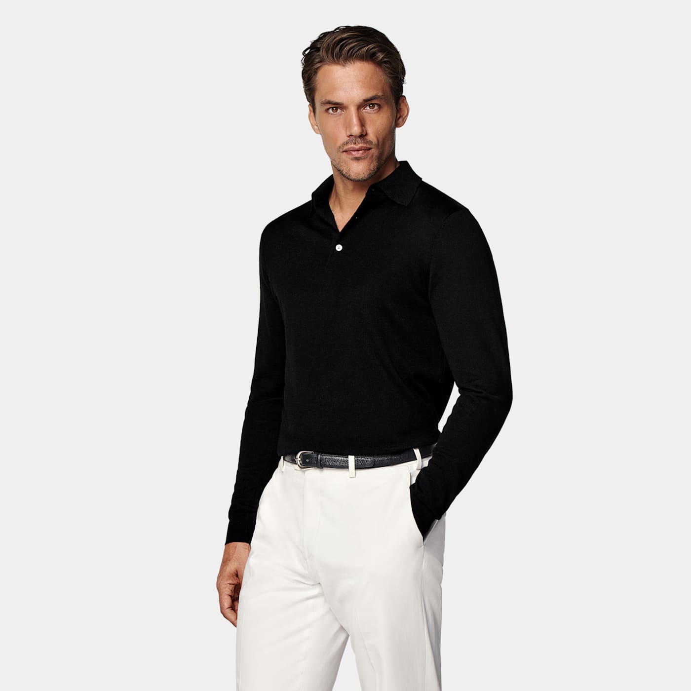 Suitsupply Black Merino Long Sleeve Polo