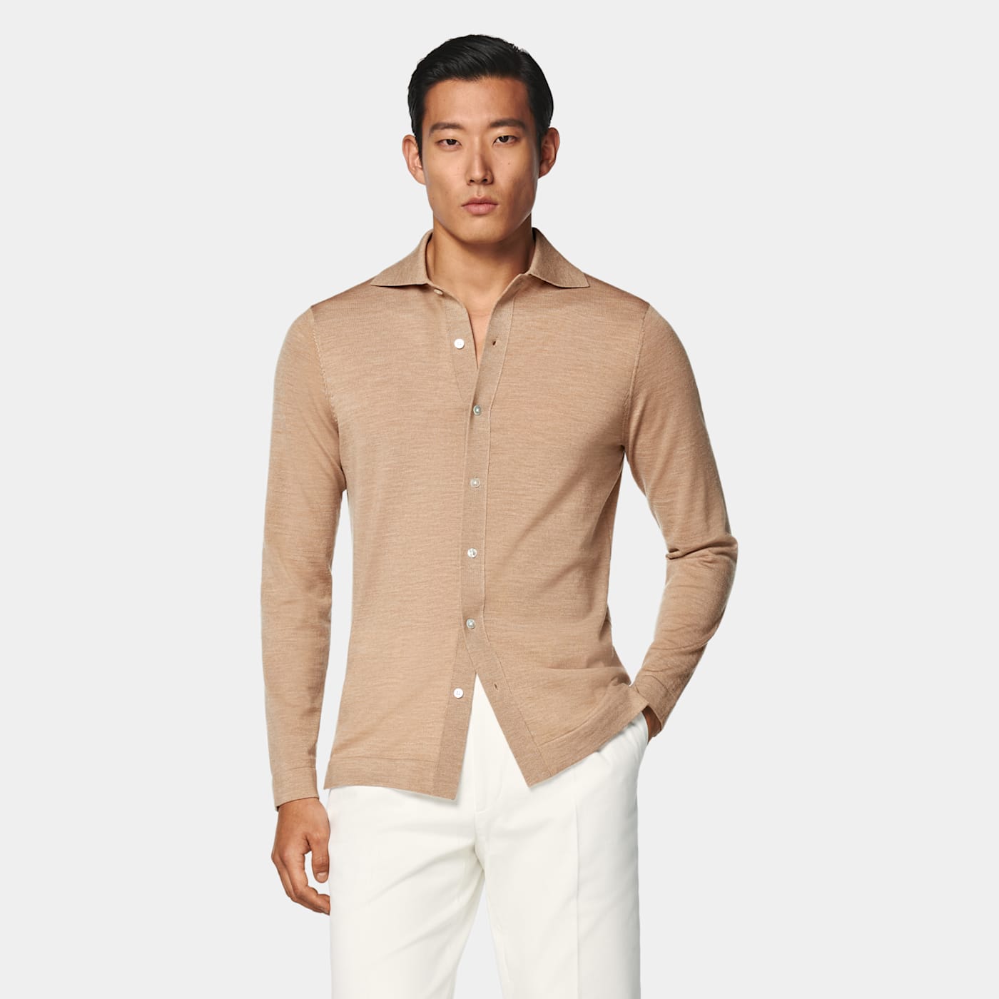Suitsupply Cardigan Col Polo à Manches Longues Merino Marron Moyen