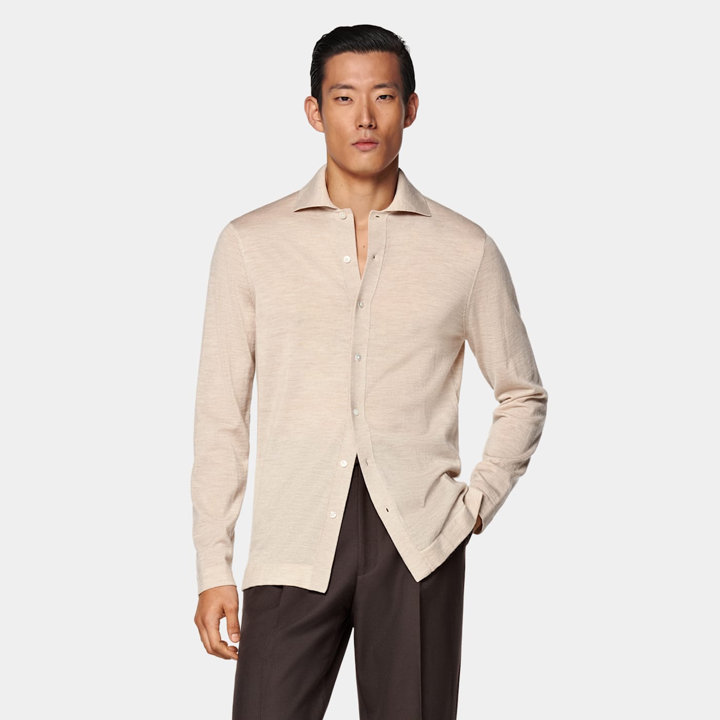Suitsupply Sand Merino Long Sleeve Polo Cardigan