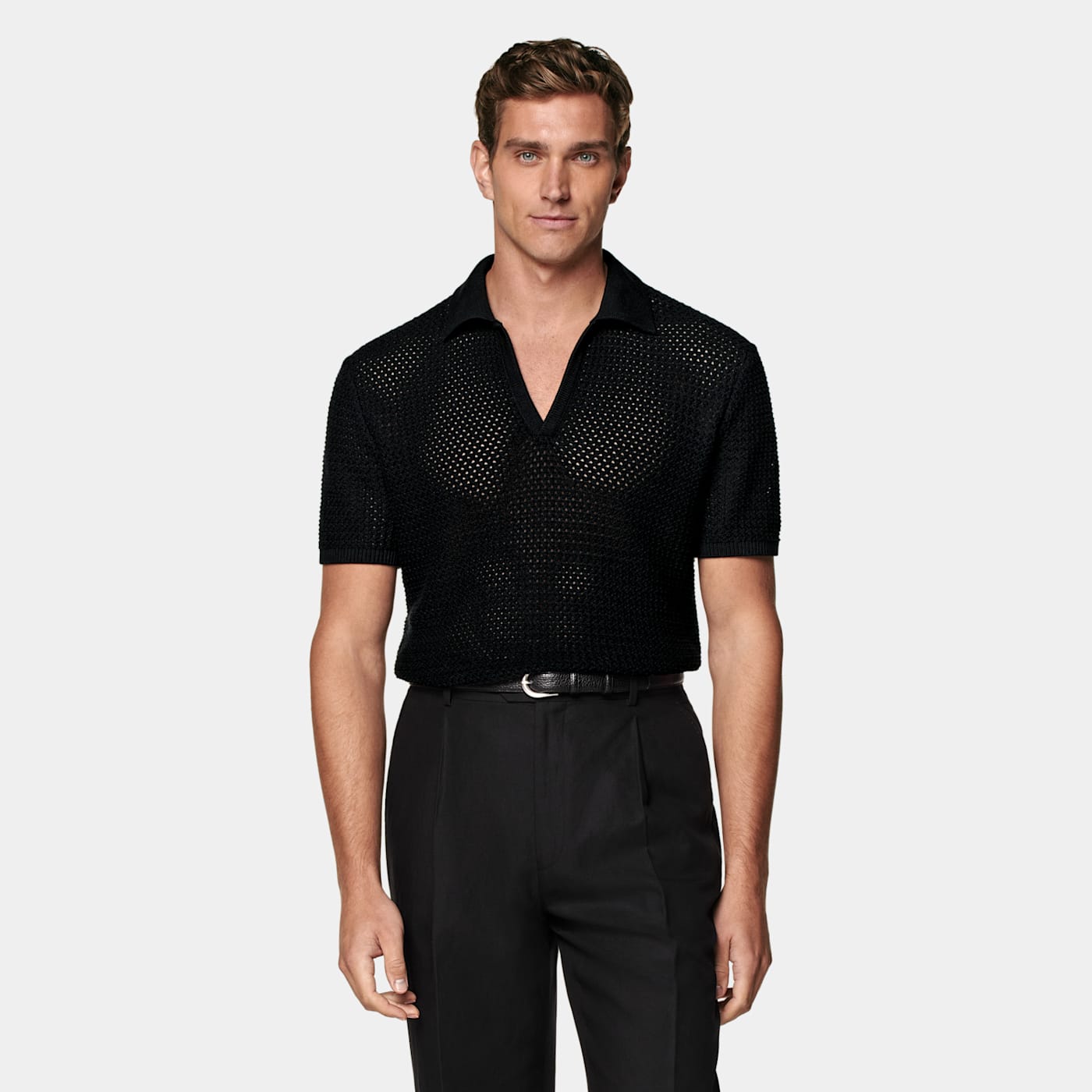 Suitsupply Black Crochet Buttonless Polo