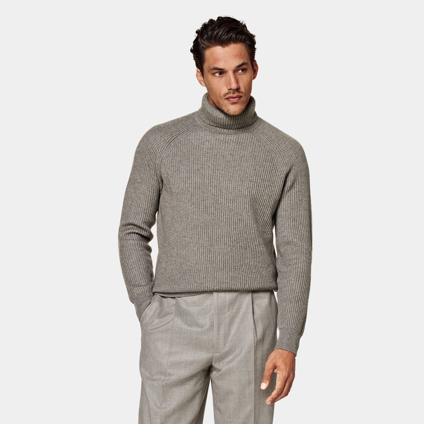 Suitsupply Taupe Ribbed Turtleneck In Gray