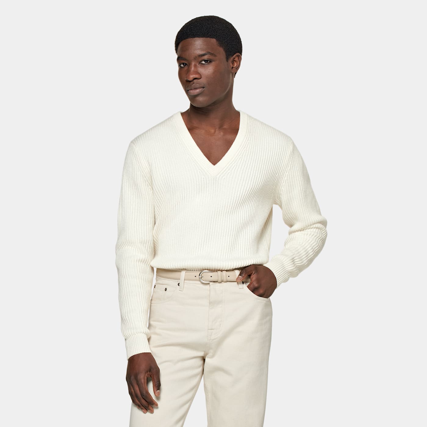 Suitsupply Off-white Ribbed V-neck In Neutral