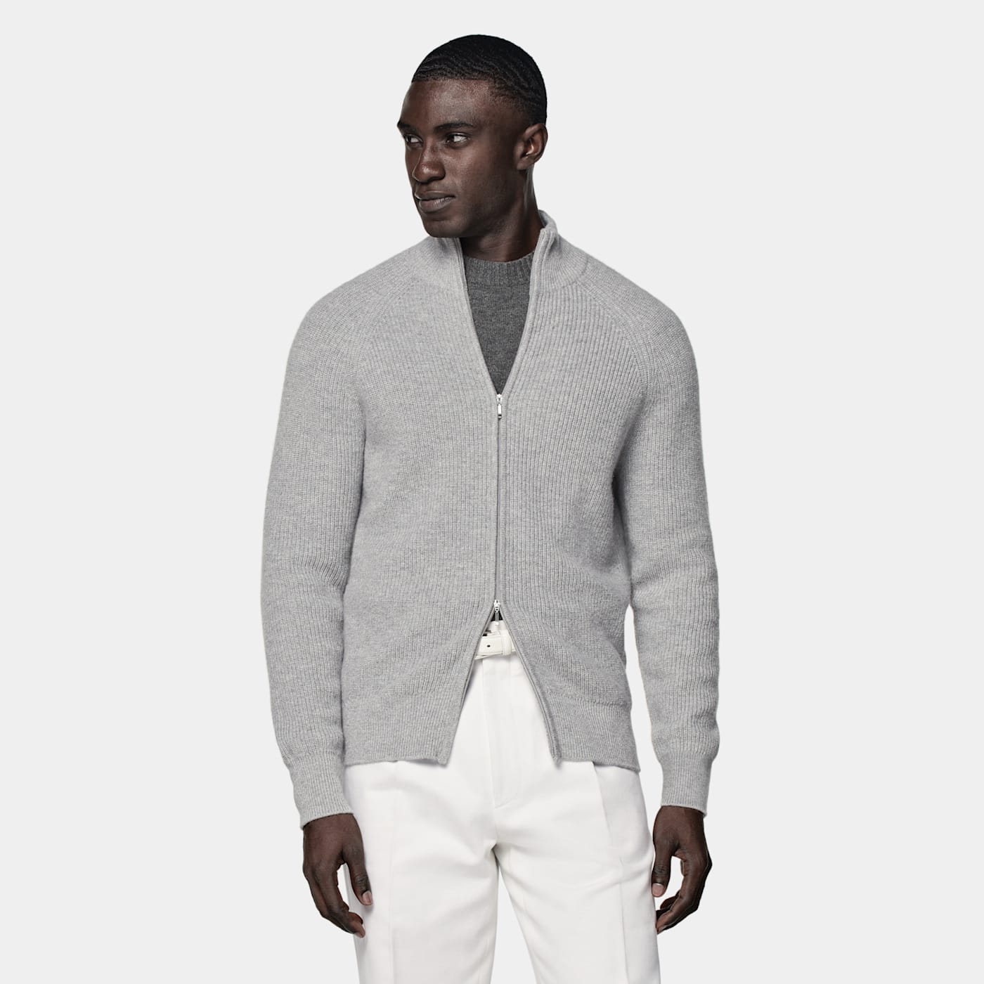 Suitsupply Light Grey Ribbed Zip Cardigan In Gray