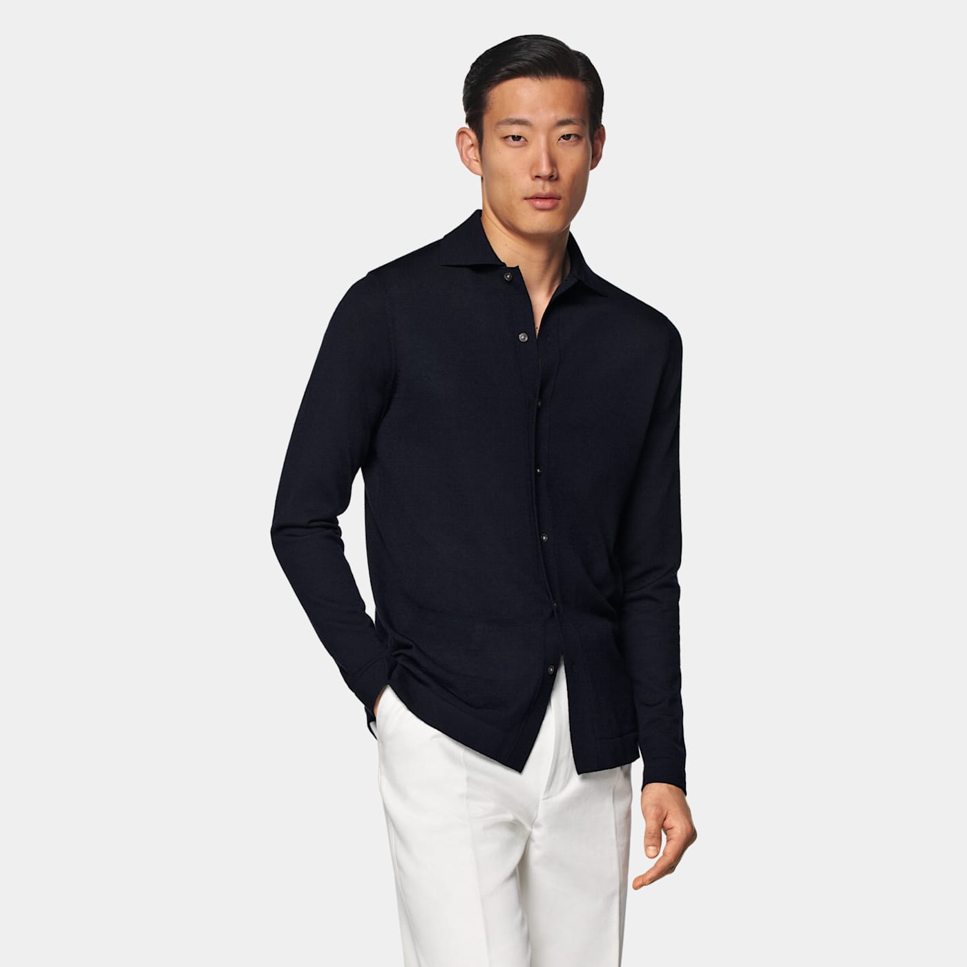 Suitsupply Navy Merino Long Sleeve Polo Cardigan