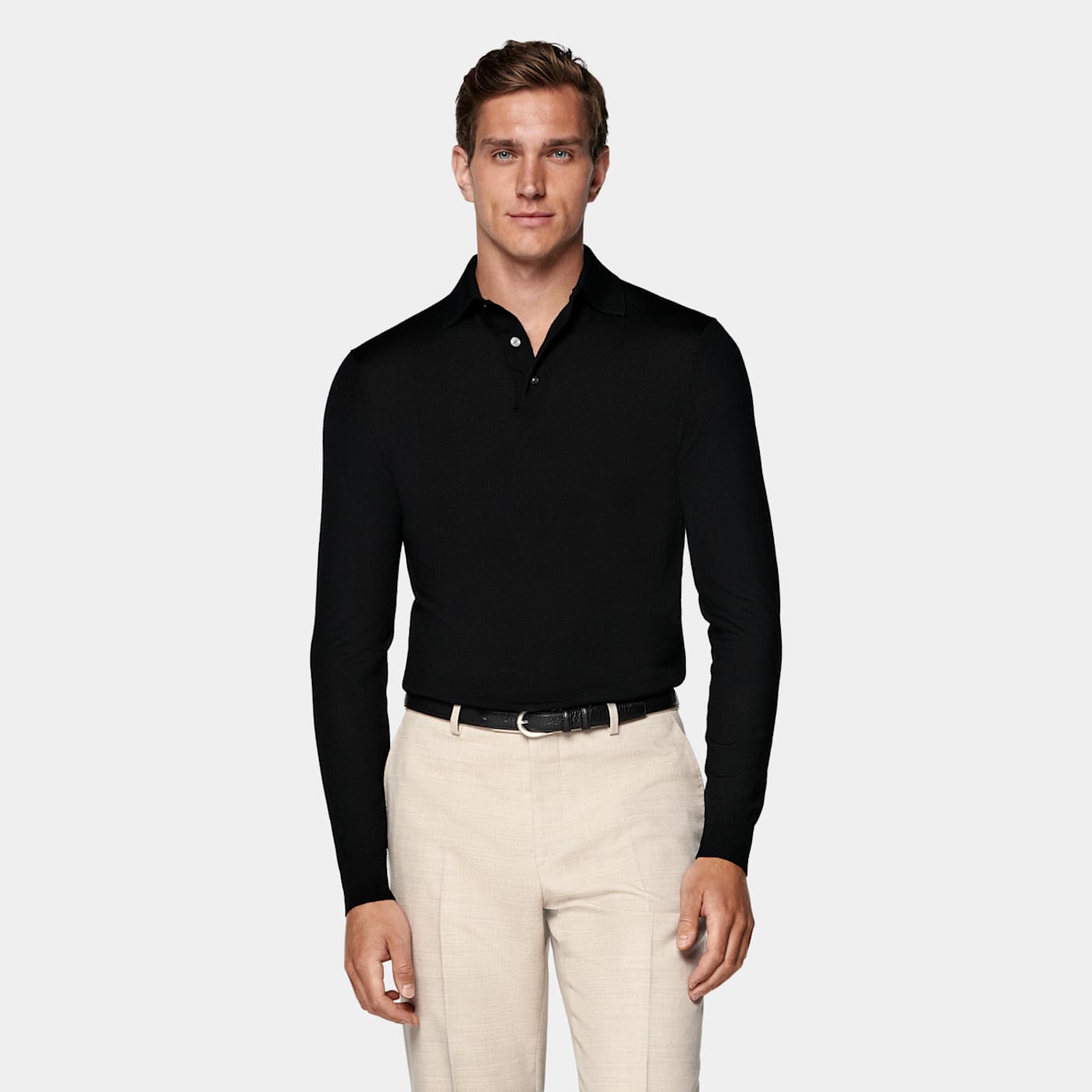 Suitsupply Black Merino Long Sleeve Polo