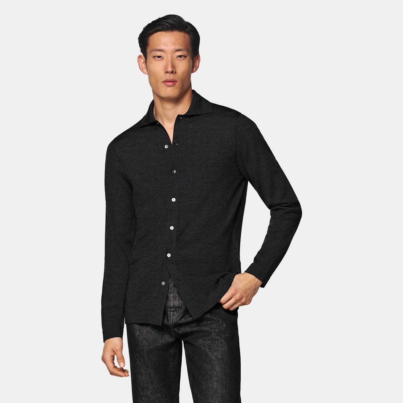 Suitsupply Cardigan Col Polo à Manches Longues Merino Gris Foncé