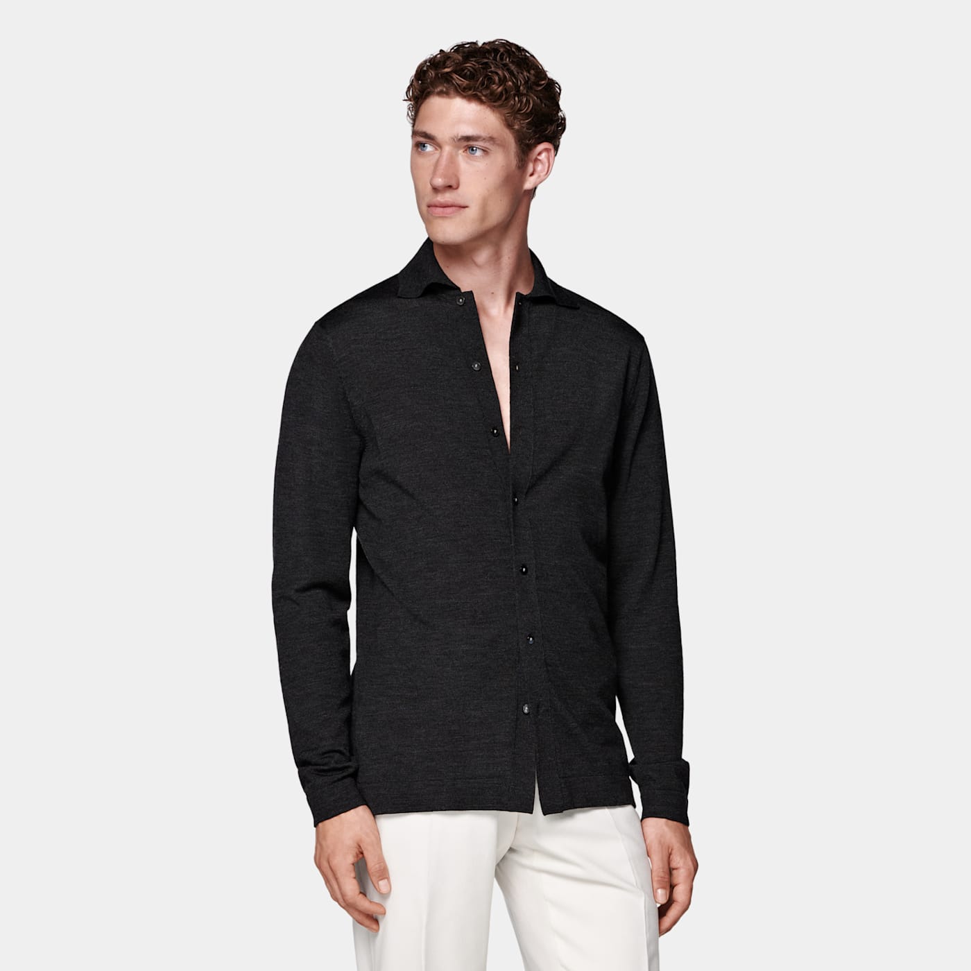 Suitsupply Dark Grey Merino Long Sleeve Polo Cardigan
