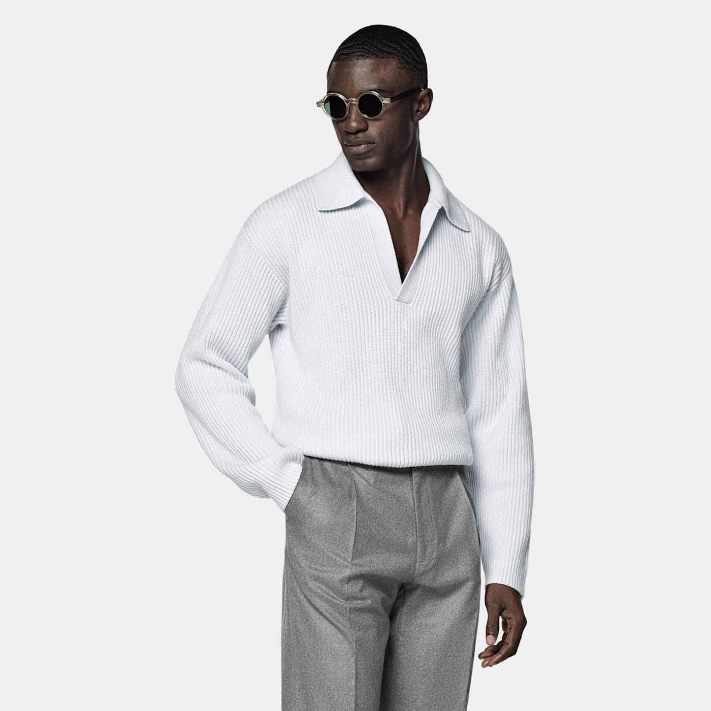 Suitsupply Light Blue Ribbed Long Sleeve Buttonless Polo