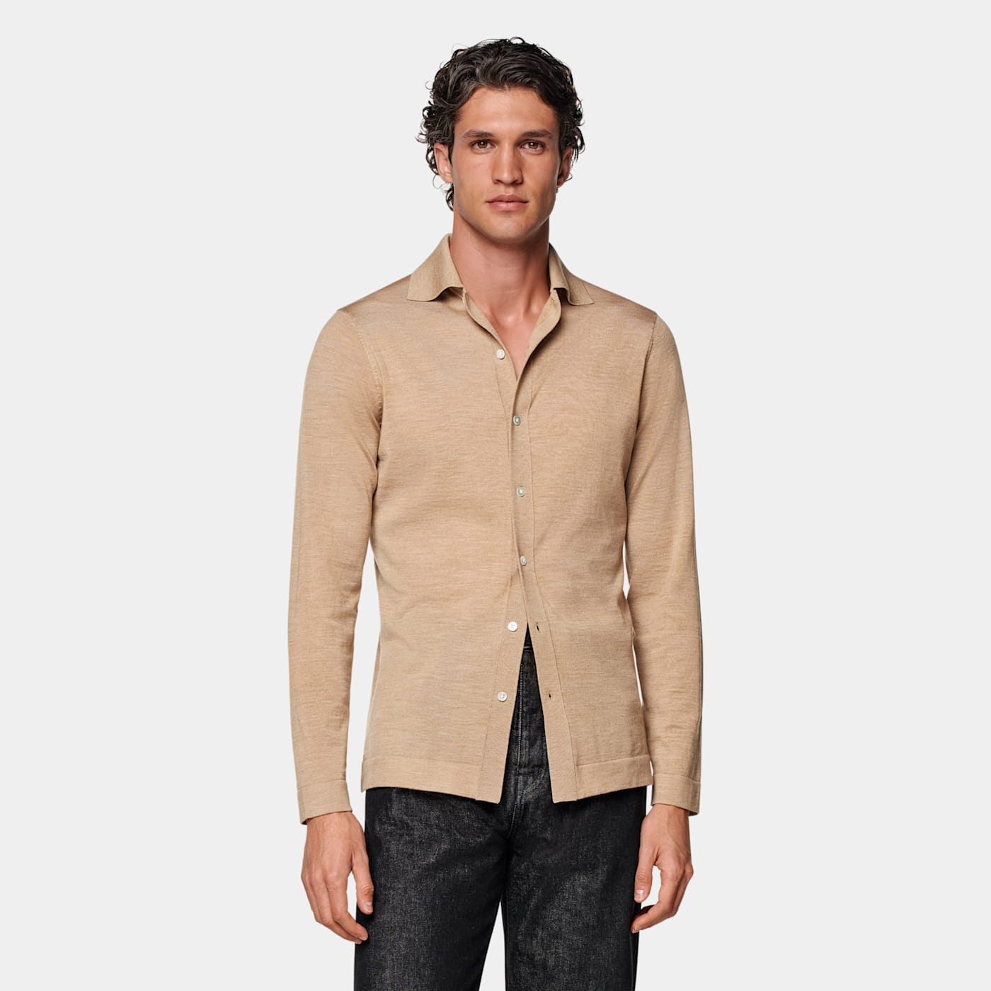 Suitsupply Mid Brown Merino Long Sleeve Polo Cardigan