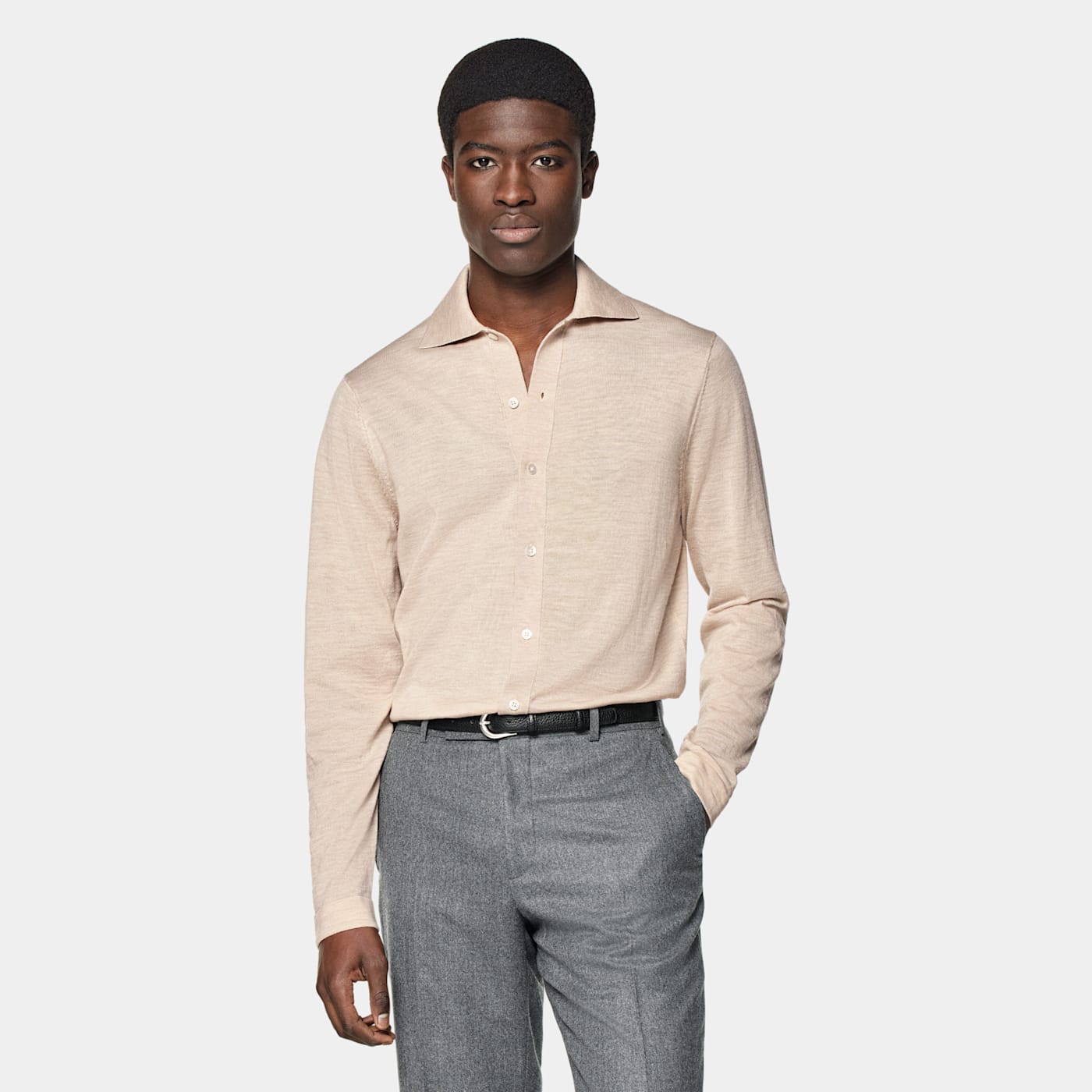Suitsupply Sand Merino Long Sleeve Polo Cardigan
