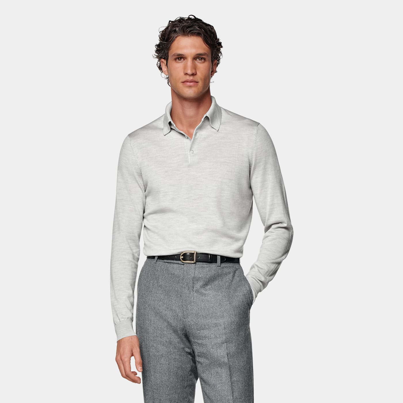 Suitsupply Light Grey Merino Long Sleeve Polo In White