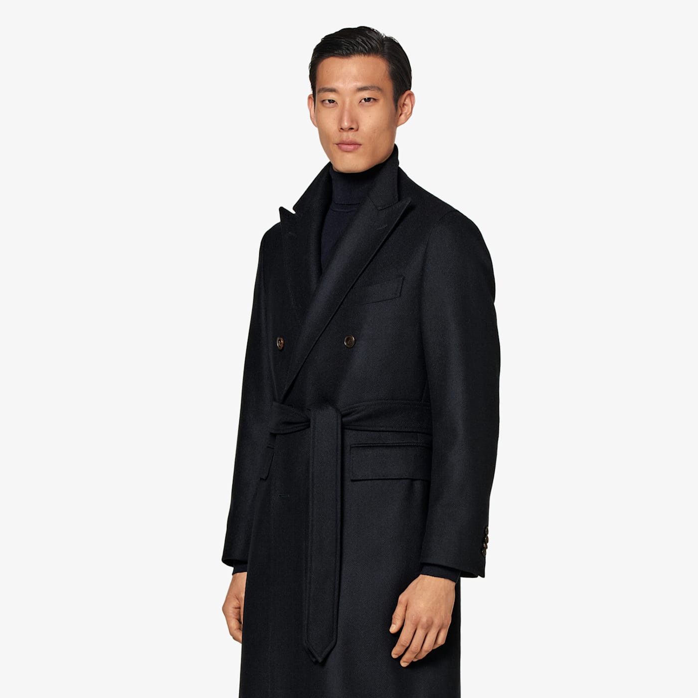 Suitsupply Navy Herringbone Belted Overcoat