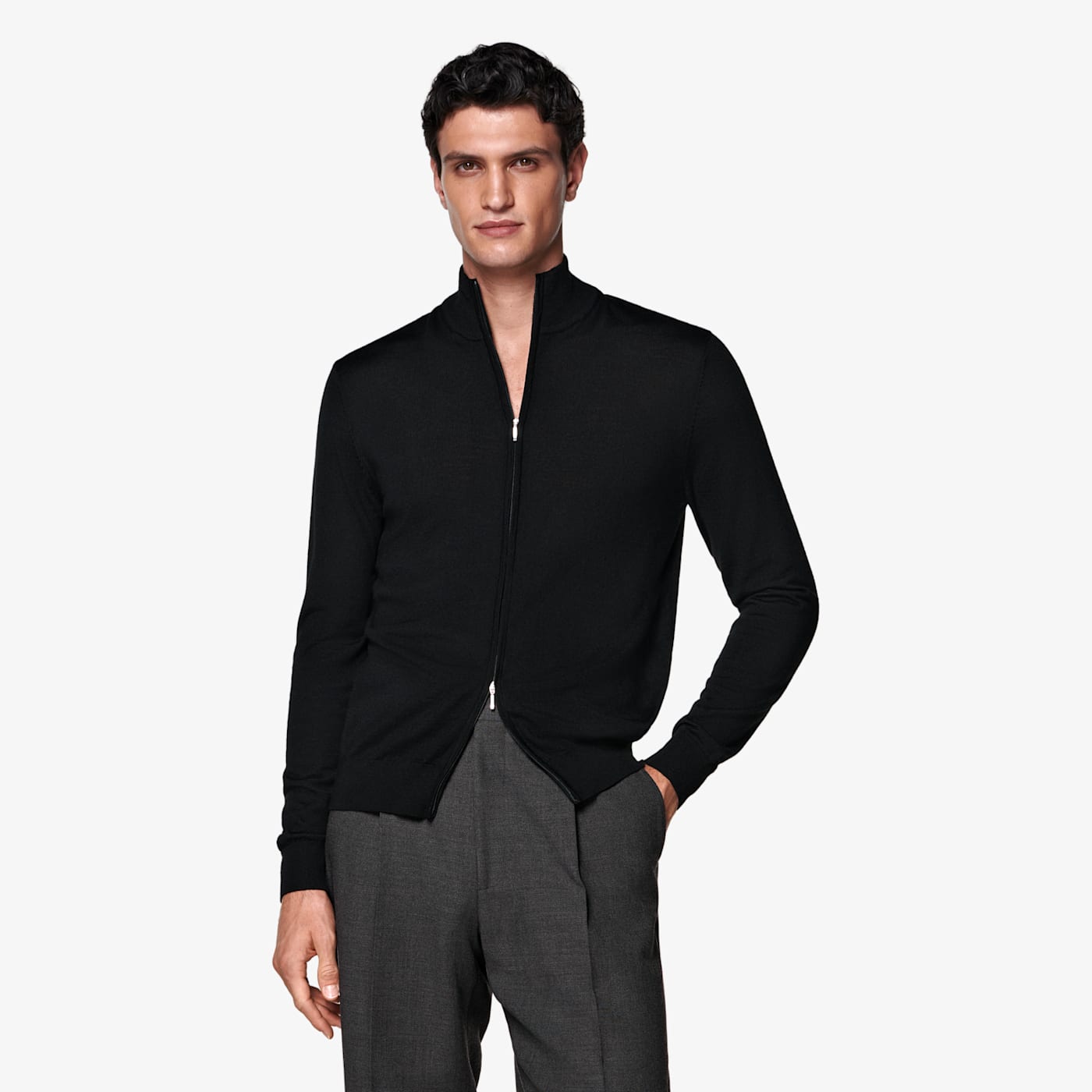 Suitsupply Black Merino Zip Cardigan