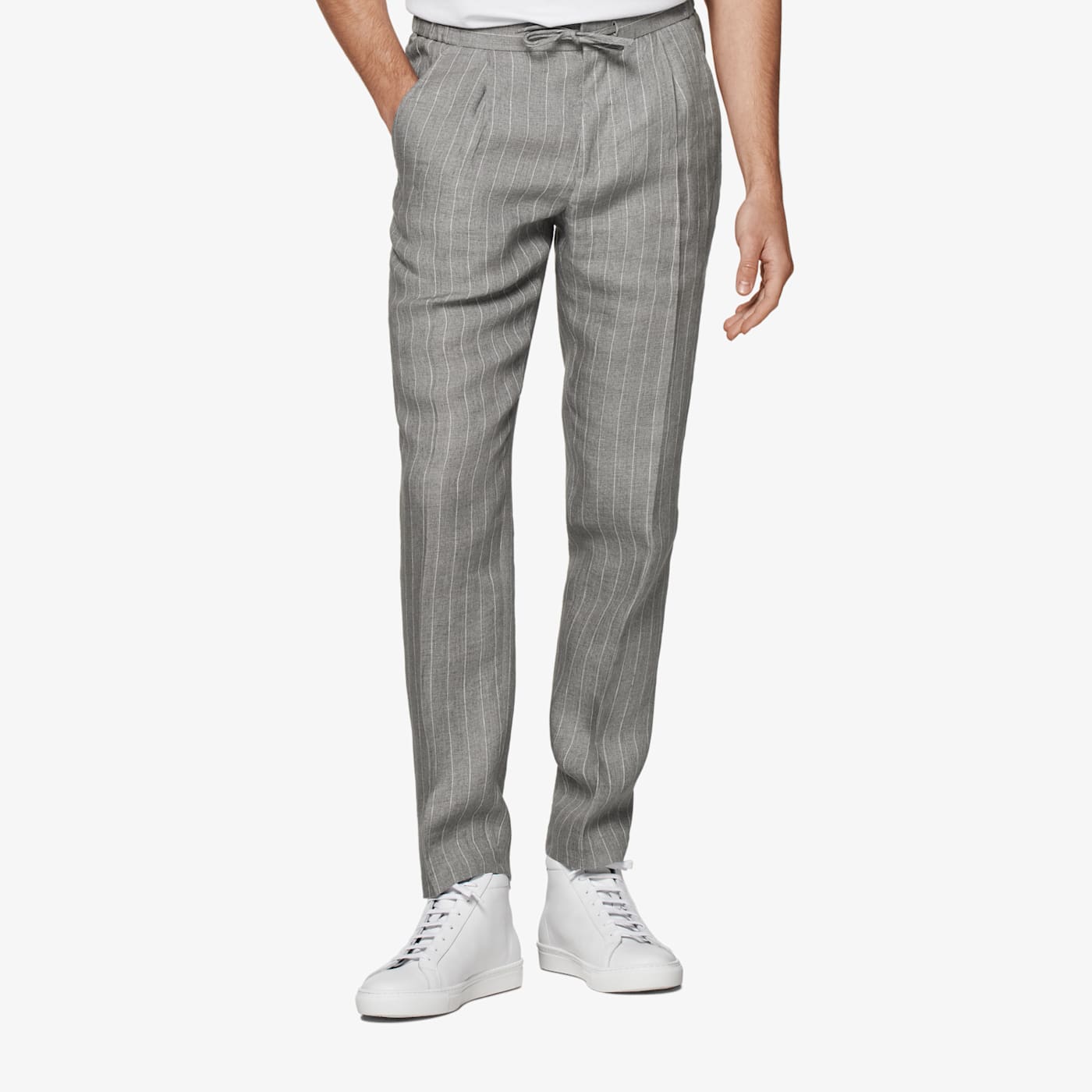 SUITSUPPLY LIGHT GREY STRIPED DRAWSTRING AMES PANTS