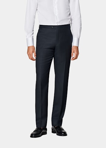 Navy Bird's Eye Slim Leg Straight Suit Trousers