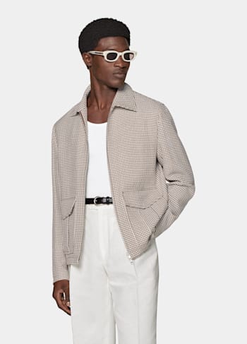 Mid Brown Houndstooth Bomber Jacket