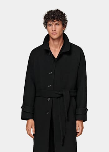 Black Herringbone Belted Overcoat