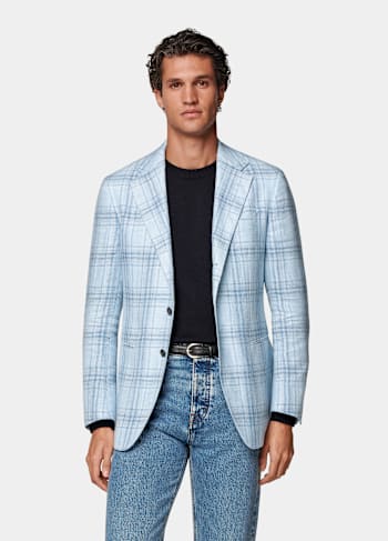 Light Blue Checked Tailored Fit Havana Blazer