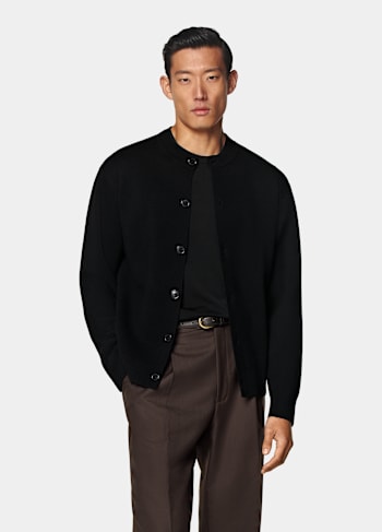 Black Merino Crewneck Cardigan