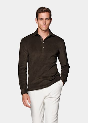 Dark Brown Long Sleeve Terry Polo Shirt