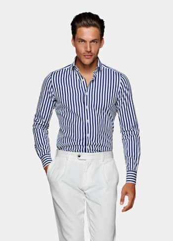 Navy Striped Twill Extra Slim Fit Shirt