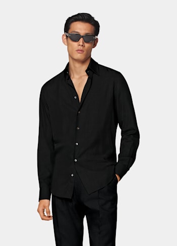 黑色经典大古巴领特别修身剪裁衬衫
