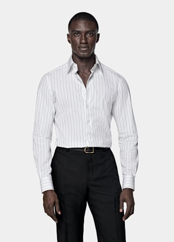 White Striped Point Collar Tailored Fit Shirt
