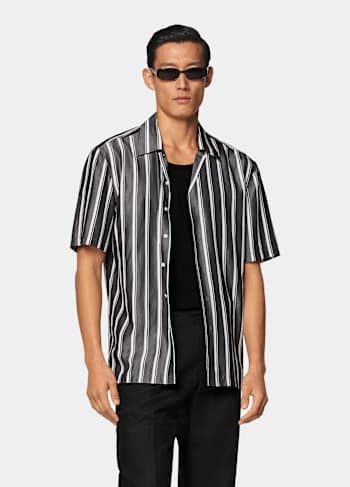 Black Striped Tailored Fit Short Sleeve Shirt