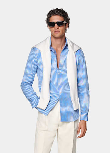 Mid Blue Striped Tailored Fit Shirt