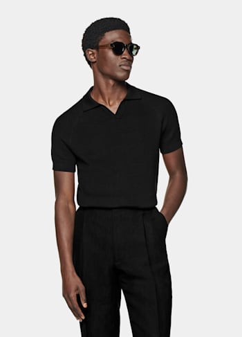 Black Ribbed Buttonless Polo Shirt
