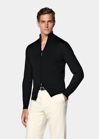 Black Merino Zip Cardigan