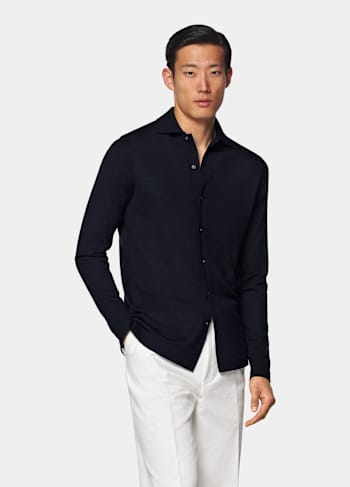 Navy Merino Long Sleeve Polo Cardigan