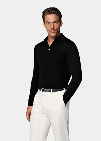 Black Merino Long Sleeve Polo
