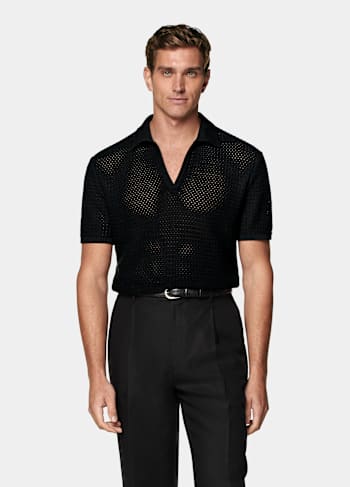 Black Crochet Buttonless Polo