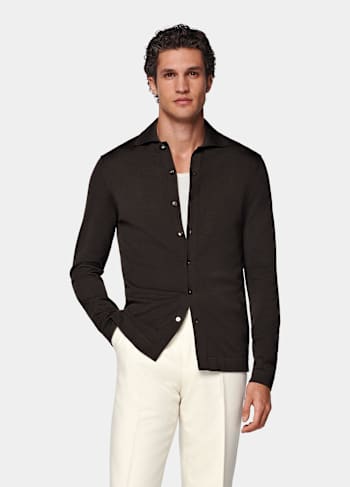 Dark Brown Long Sleeve Polo Cardigan