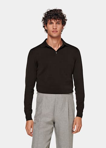 Dark Brown Long Sleeve Polo Shirt 