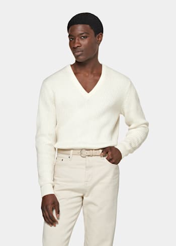 Pullover off-white Rippstrick V-Ausschnitt 