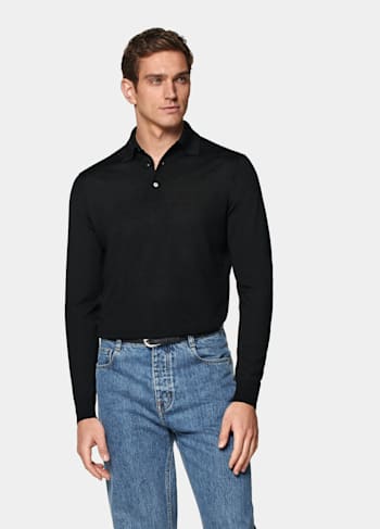 Black Merino Long Sleeve Polo