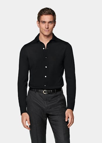 Black Merino Long Sleeve Polo Cardigan